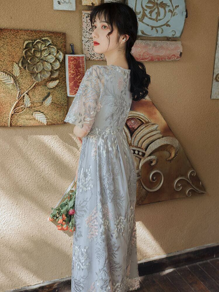 花柄刺繍レース袖ブイネックロング丈オケージョンドレス