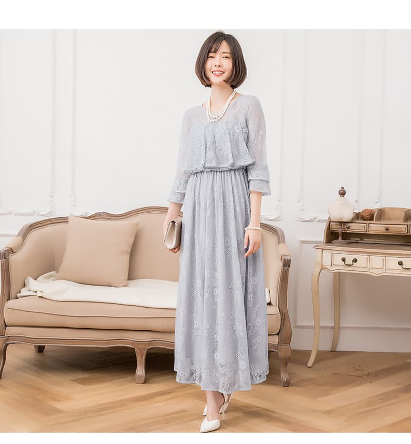 オケージョン ドレス 総レース仕立てケープ風ティアード袖ロング丈ワンピース