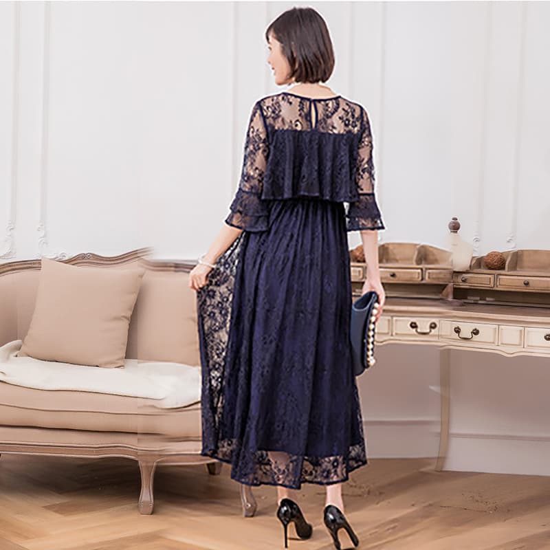オケージョン ドレス 総レース仕立てケープ風ティアード袖ロング丈ワンピース