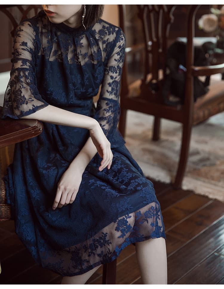 透かし花柄レース ハイネックオケージョンドレス