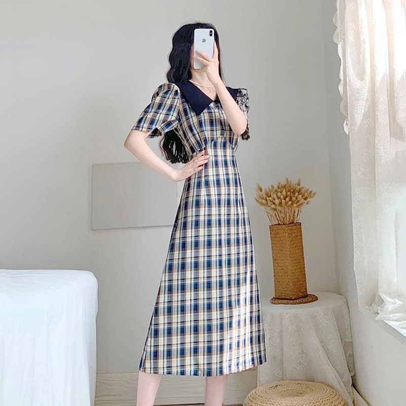 レトロ襟付きチェック柄ミディ丈夏ワンピース