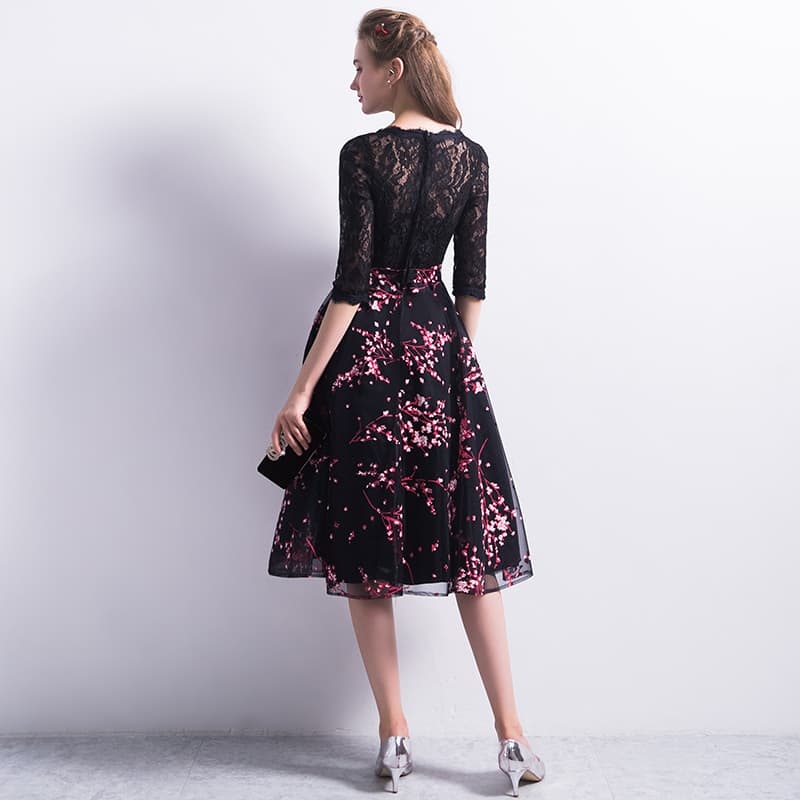 オケージョン ドレス 花柄刺繍レース切替チュール膝丈ワンピース