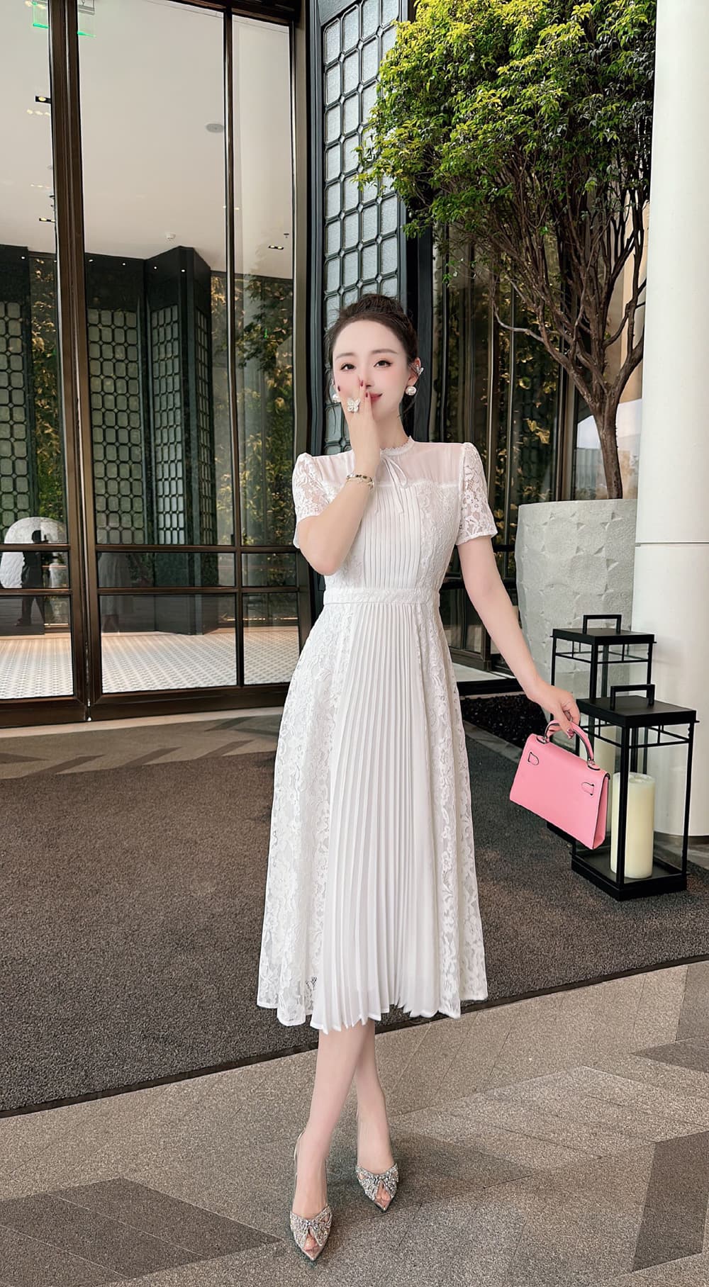 オケージョン ドレス レース調プリーツ ミディアム ワンピース