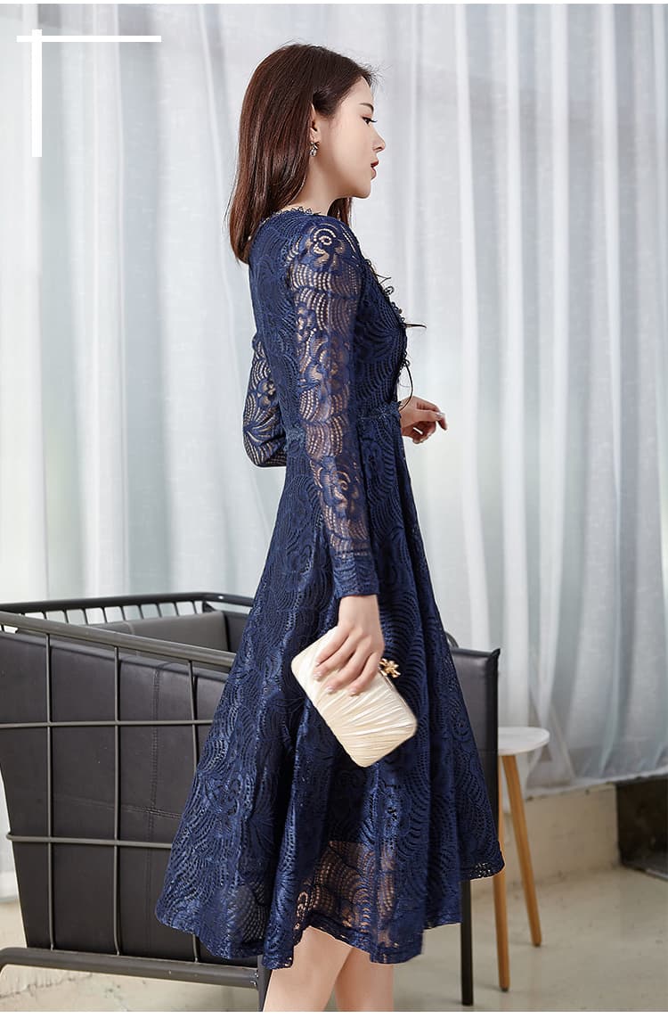 オケージョン ドレス 繊細な総刺繍レース長袖上品膝丈ワンピース