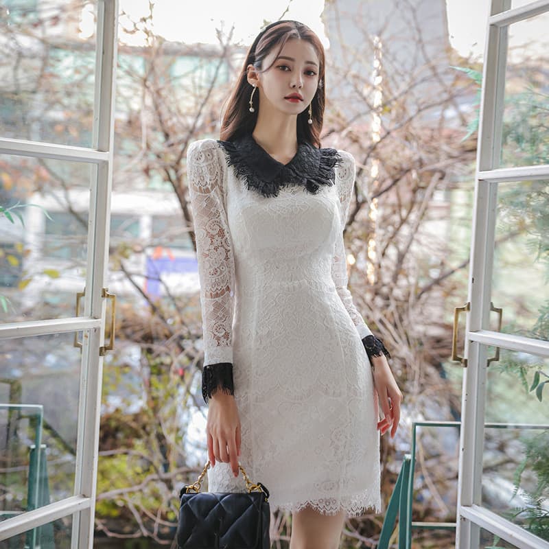 オケージョン ドレス 総レース長袖ブイネックワンピース 大きいサイズ対応ミニドレス