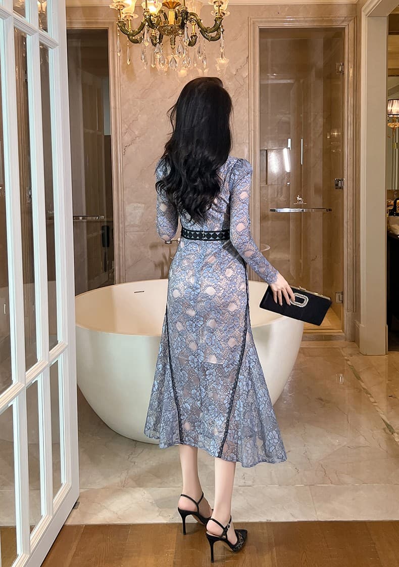 優美レース 深みVネック ロングオケージョンドレス
