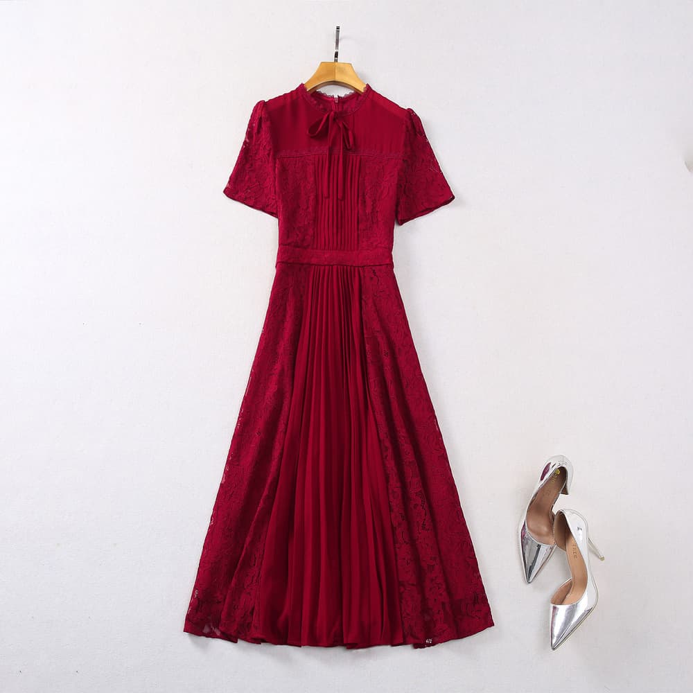 オケージョン ドレス レース調プリーツ ミディアム ワンピース