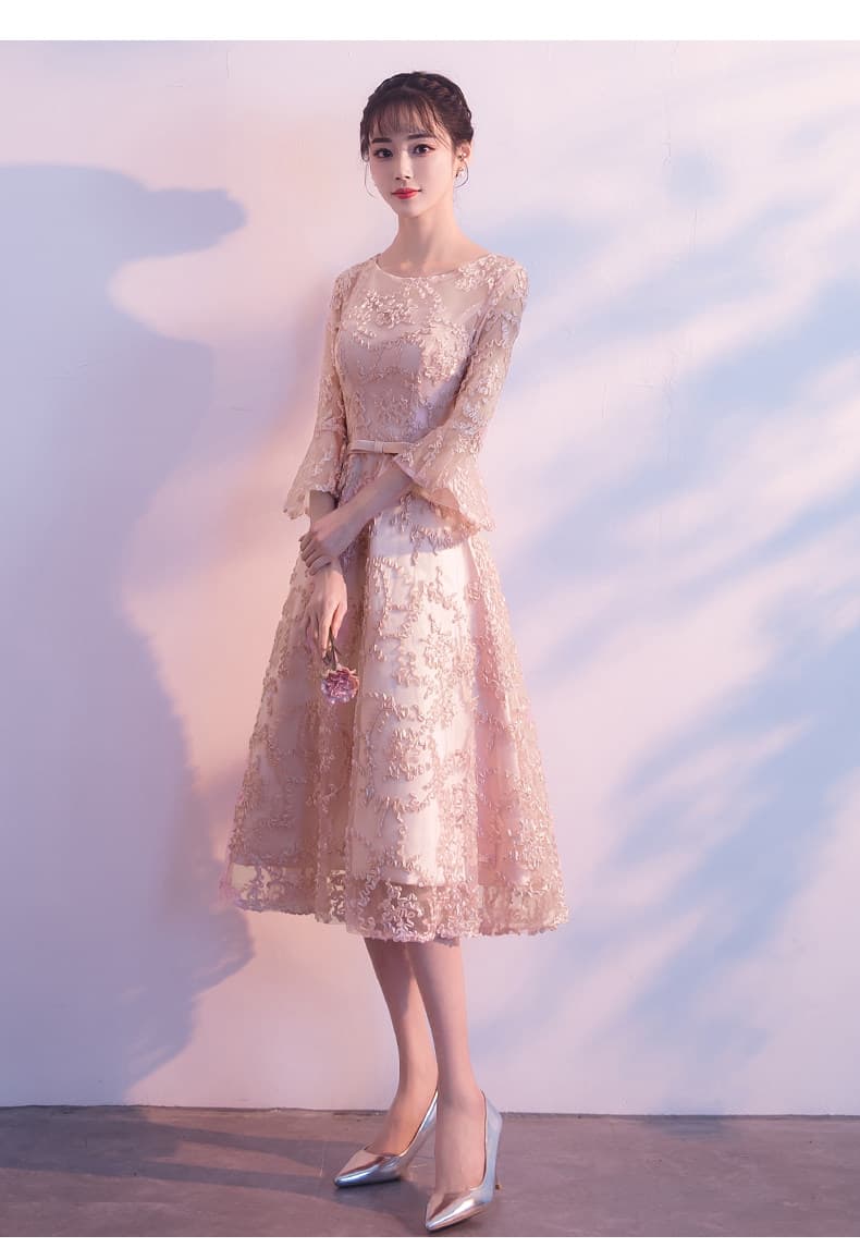 花柄刺繍レース七分袖膝丈オケージョンドレス