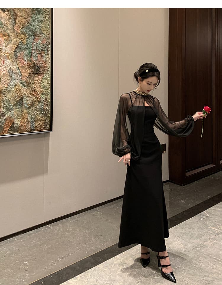 透け感ケープ袖付きロングオケージョンドレス