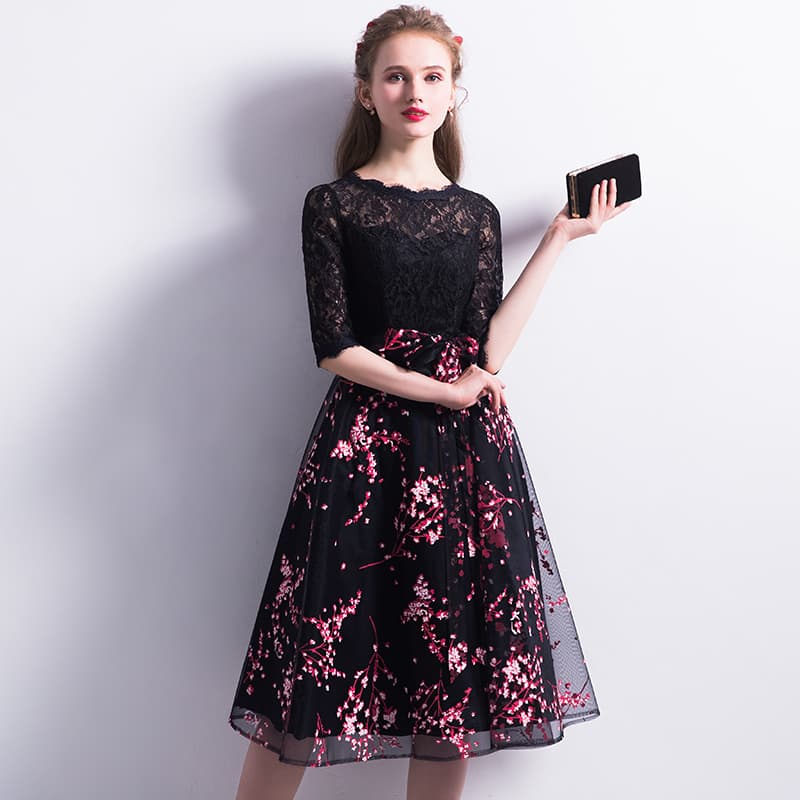 オケージョン ドレス 花柄刺繍レース切替チュール膝丈ワンピース