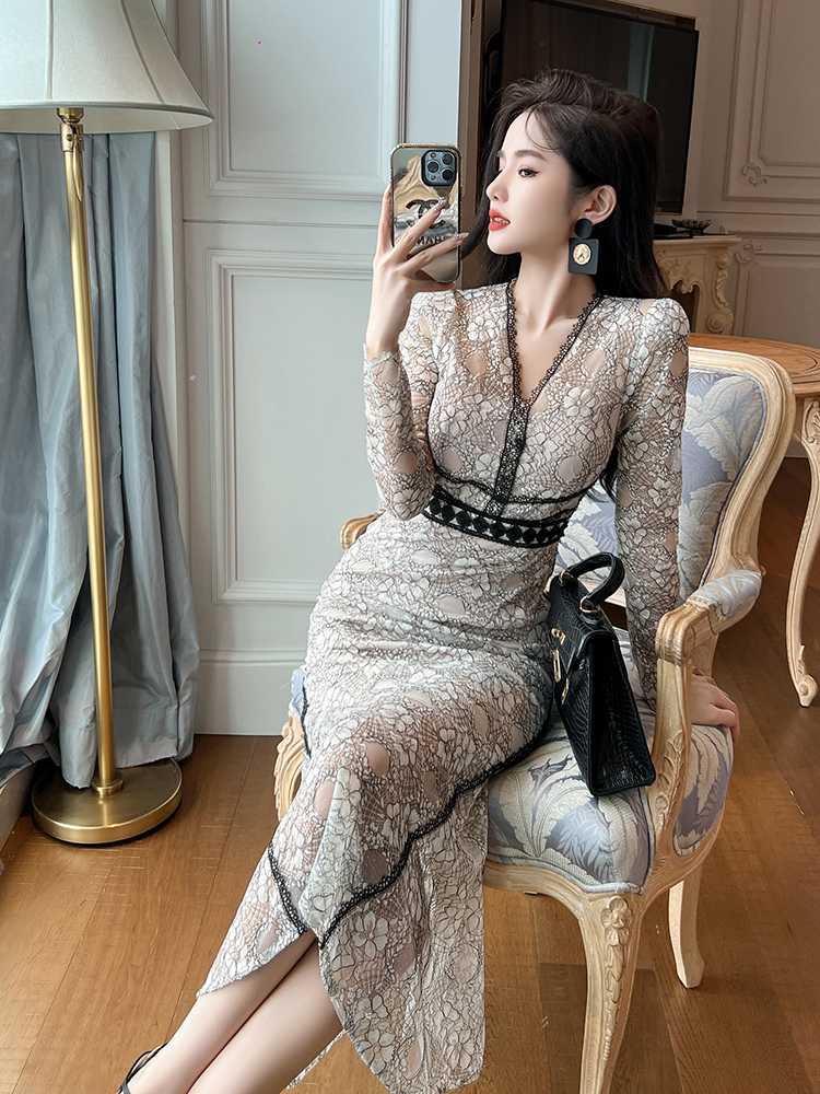 優美レース 深みVネック ロングオケージョンドレス