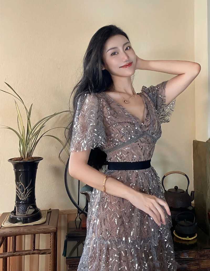 優美な煌めき 半袖シアーオケージョンドレス