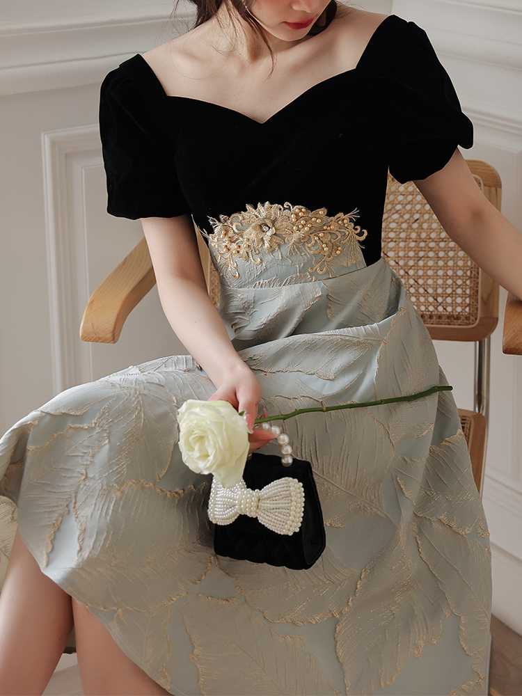 花刺繍ウエスト切替パフスリーブオケージョンドレス