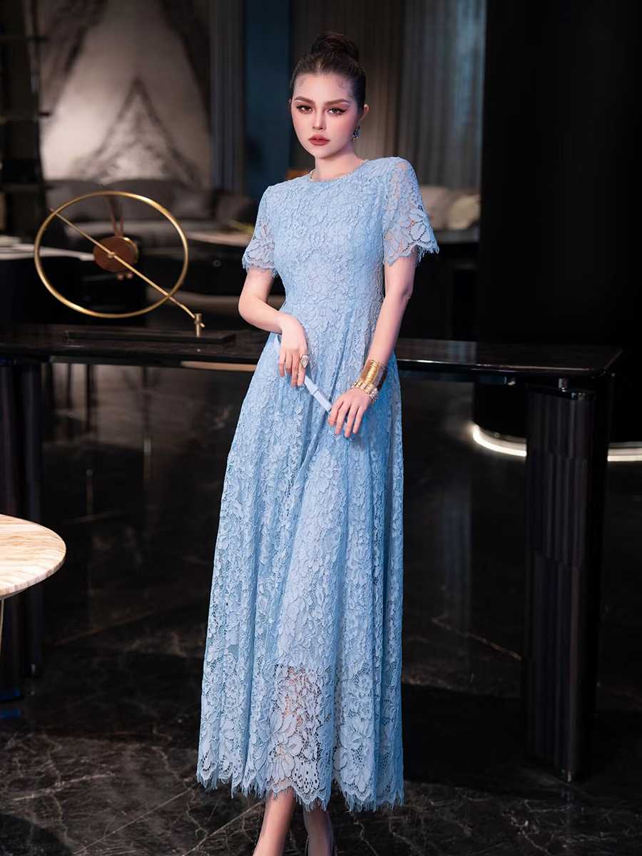 優美レース 半袖ロングオケージョンドレス