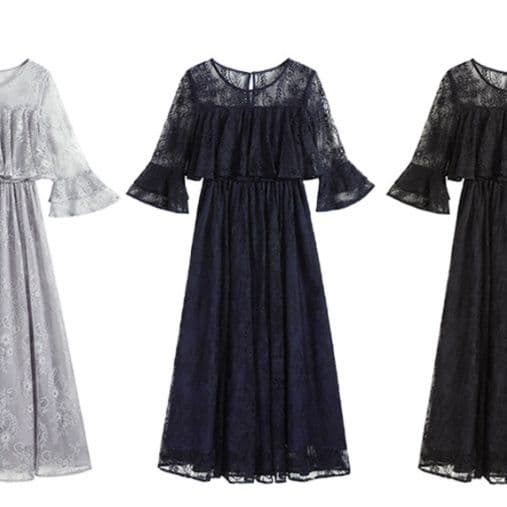 オケージョン ドレス 総レース仕立てケープ風ティアード袖ロング丈ワンピース