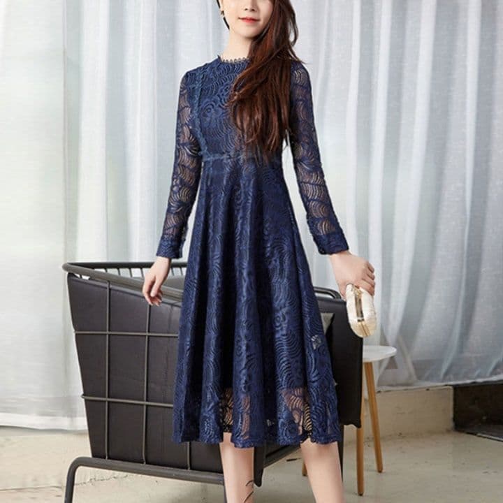 オケージョン ドレス 繊細な総刺繍レース長袖上品膝丈ワンピース