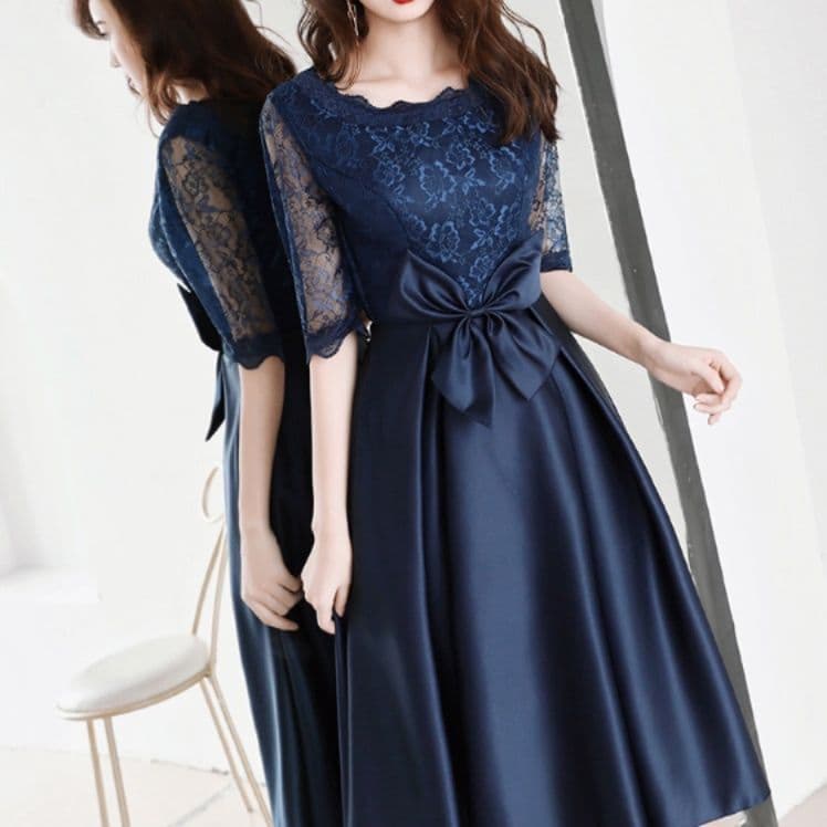 花柄総レース袖サテン地リボンベルト付きオケージョンドレス