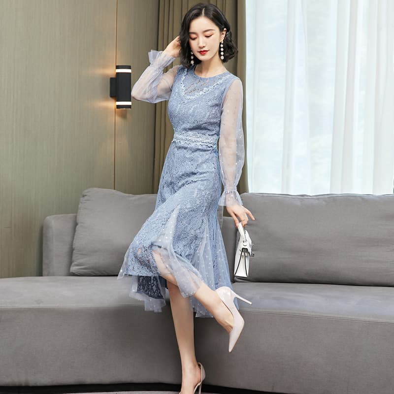 総レース刺繍チュール袖マーメイドラインオケージョンドレス