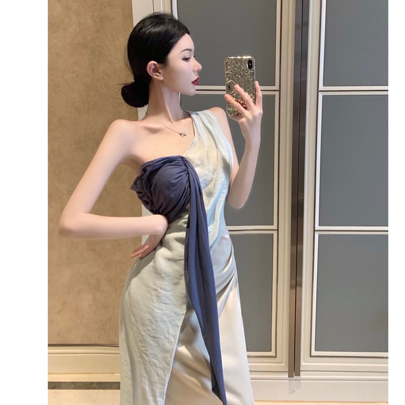 配色美人ワンショルダードレープロングオケージョンドレス