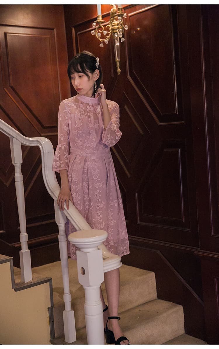 透かし花柄レース ハイネックオケージョンドレス