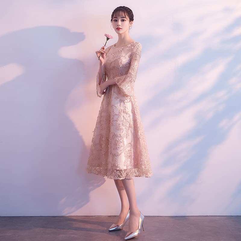 花柄刺繍レース七分袖膝丈オケージョンドレス