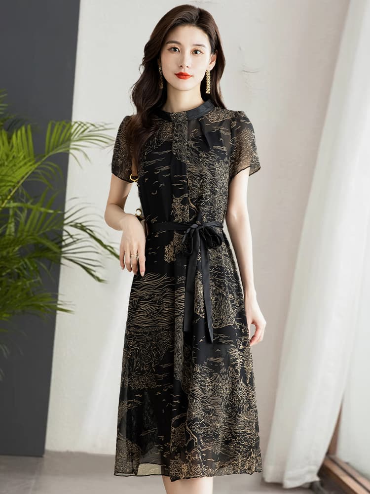 優雅な花柄シフォンオケージョンドレス