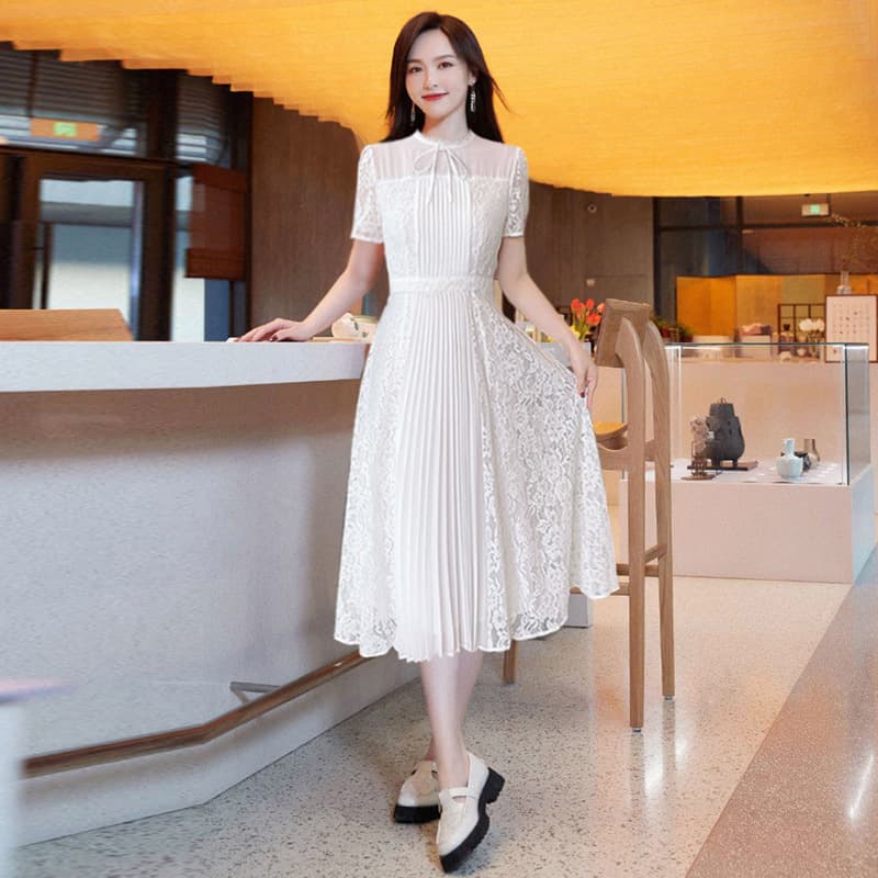 オケージョン ドレス レース調プリーツ ミディアム ワンピース
