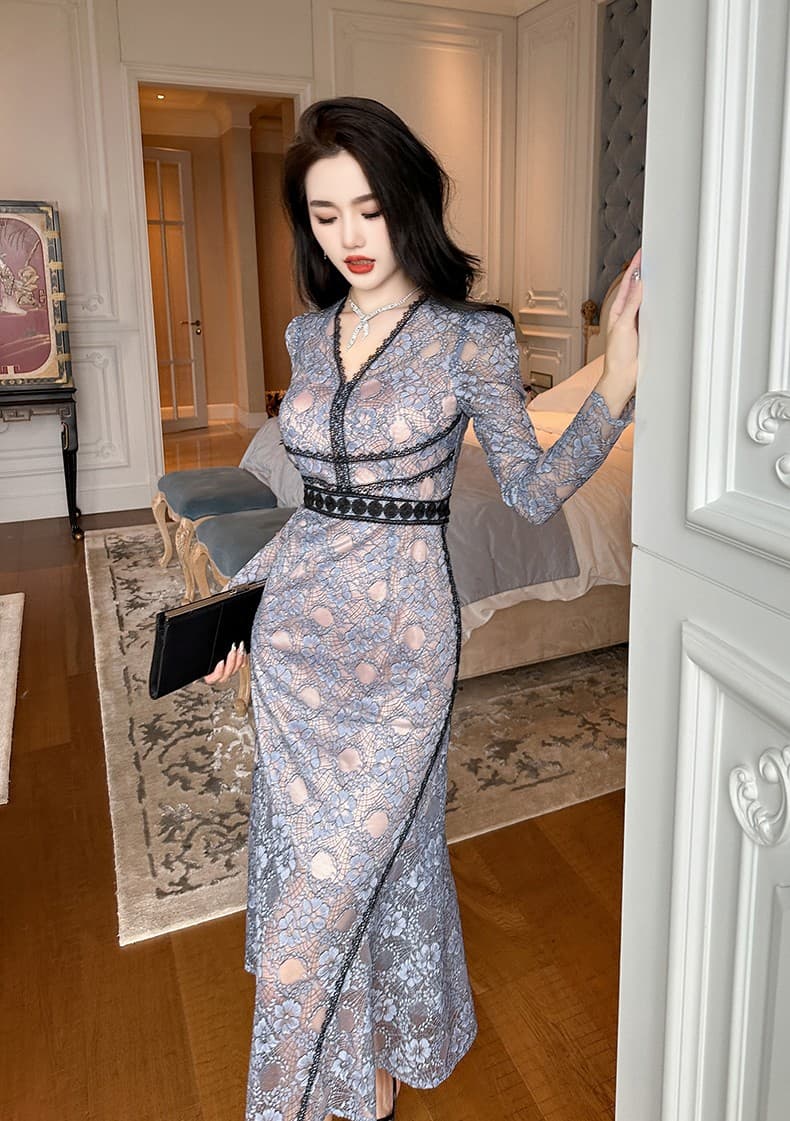 優美レース 深みVネック ロングオケージョンドレス