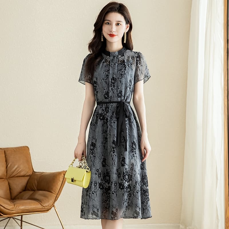 優雅な花柄シフォンオケージョンドレス