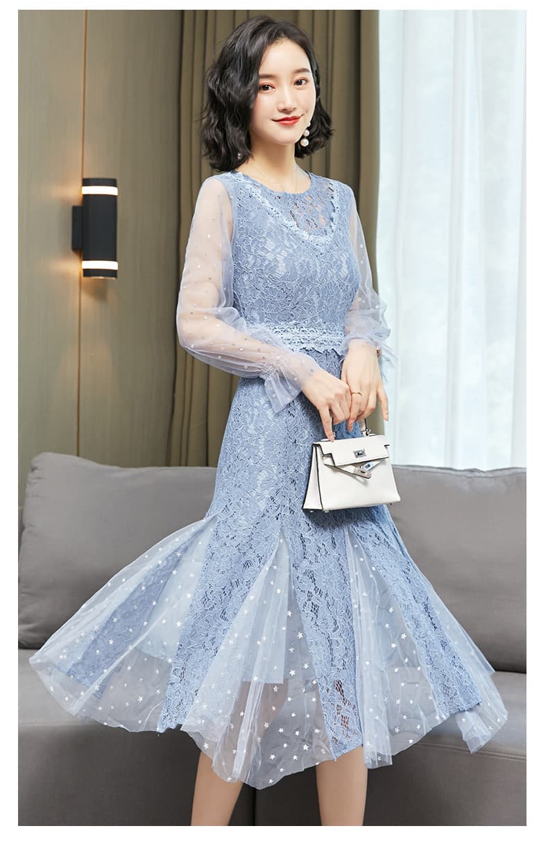 総レース刺繍チュール袖マーメイドラインオケージョンドレス