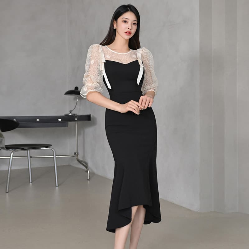 レース袖シアートップマーメイドオケージョンドレス