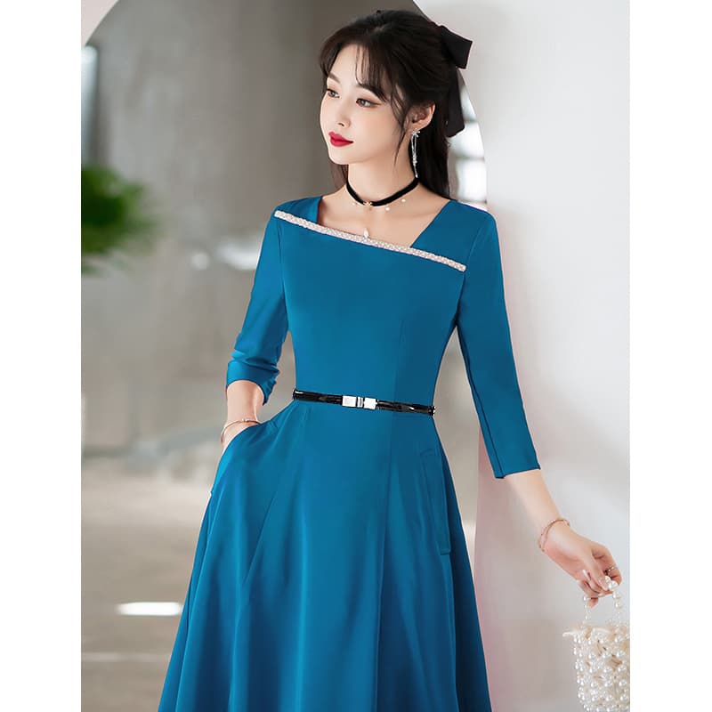 オケージョン ドレス 襟元ビジュー装飾長袖上品ワンピース