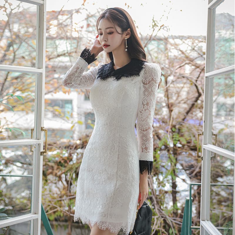 オケージョン ドレス 総レース長袖ブイネックワンピース 大きいサイズ対応ミニドレス