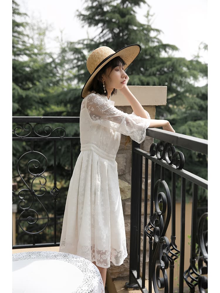 透かし花柄レース ハイネックオケージョンドレス