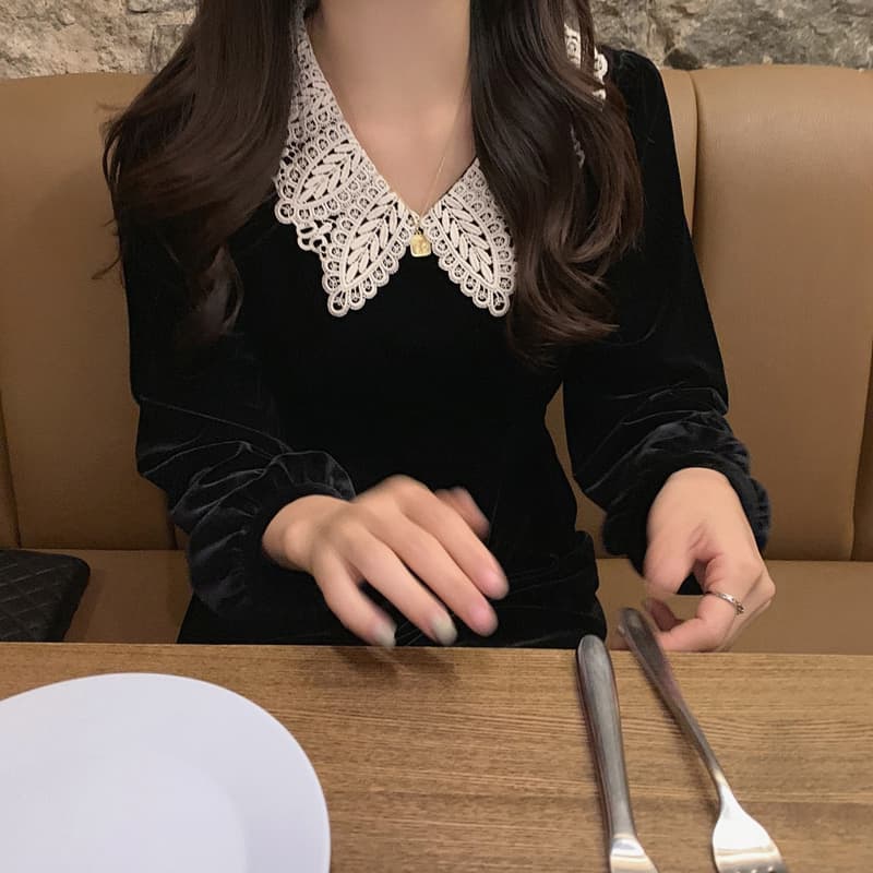 レース襟付きベロア長袖オケージョンドレス