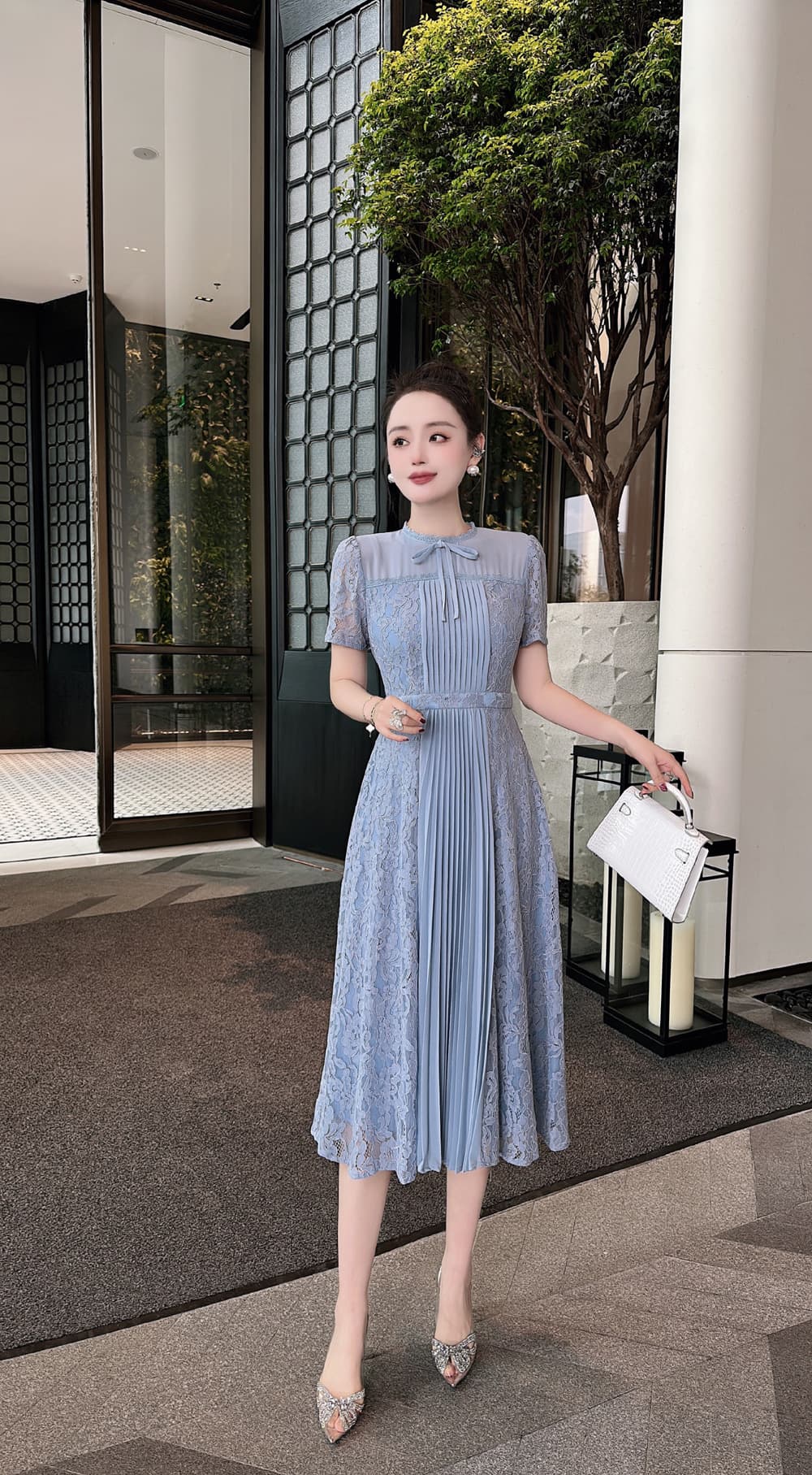 オケージョン ドレス レース調プリーツ ミディアム ワンピース