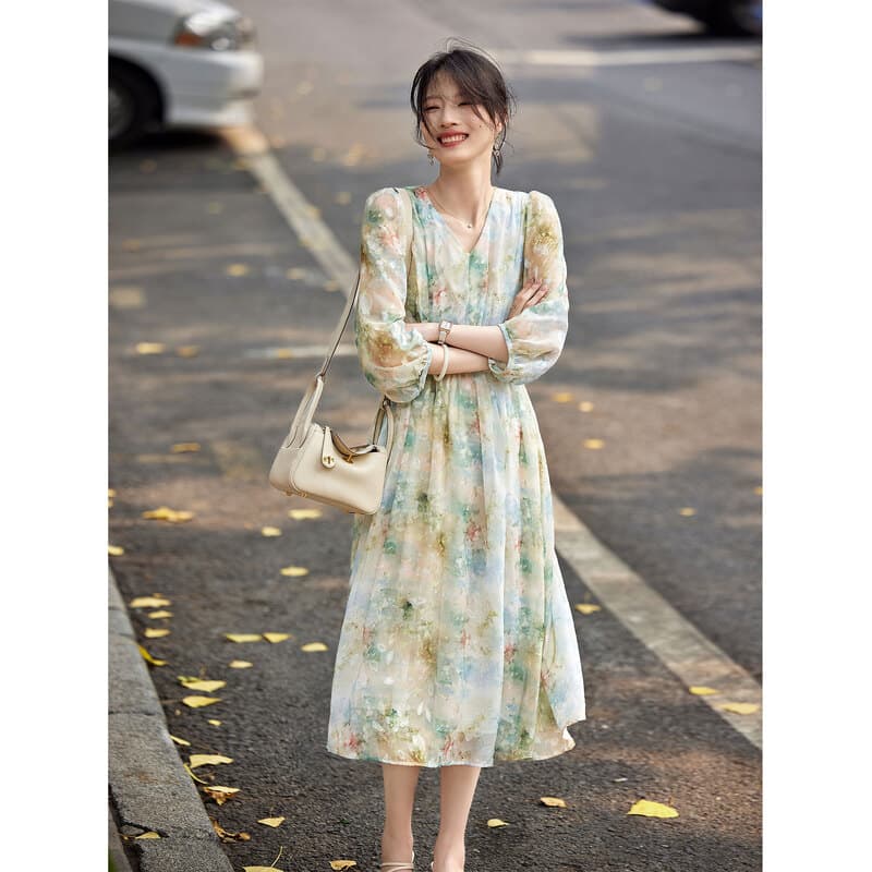 優美な花柄シフォン ミディ丈オケージョンドレス