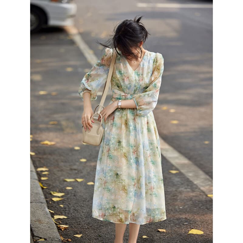 優美な花柄シフォン ミディ丈オケージョンドレス