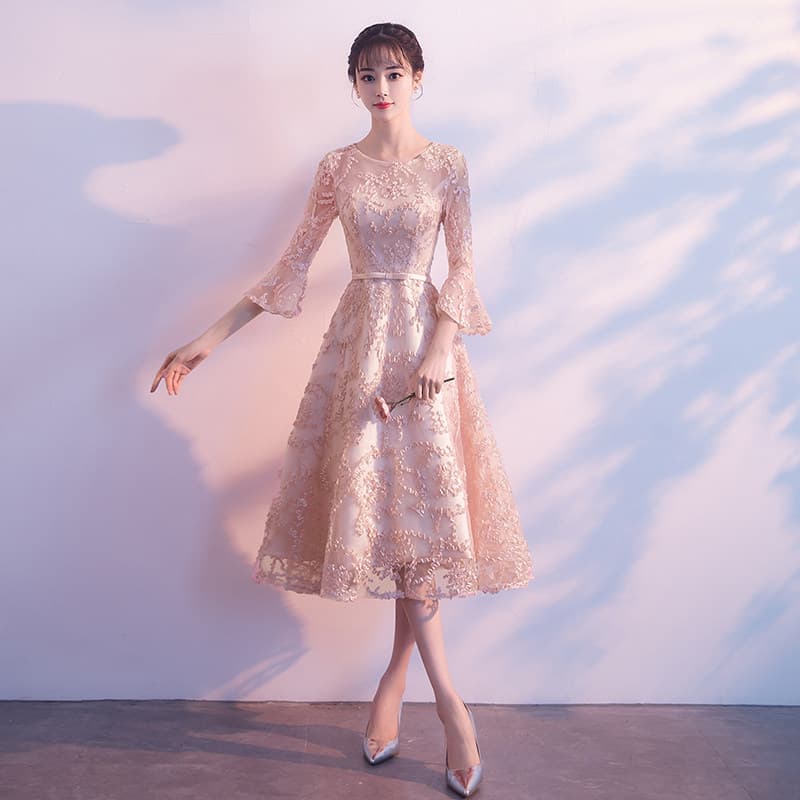 花柄刺繍レース七分袖膝丈オケージョンドレス