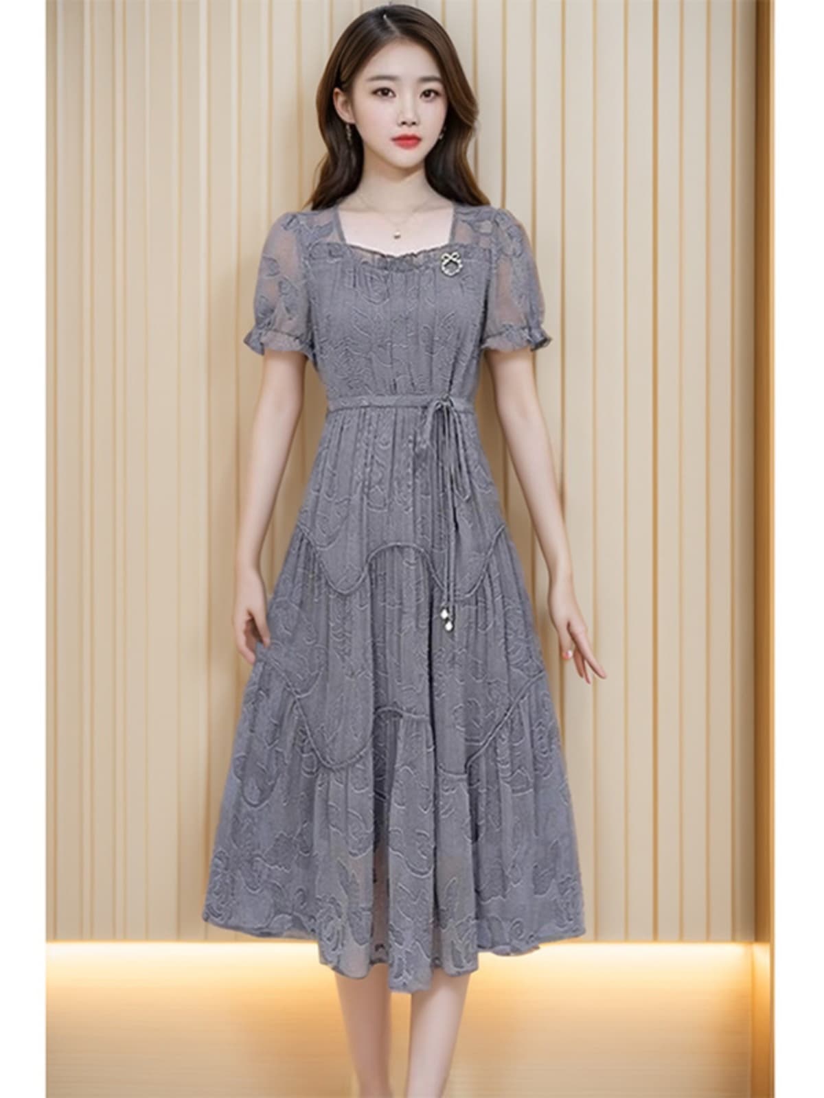 オケージョン ドレス 花柄シフォン半袖ティアードミディ丈ワンピース