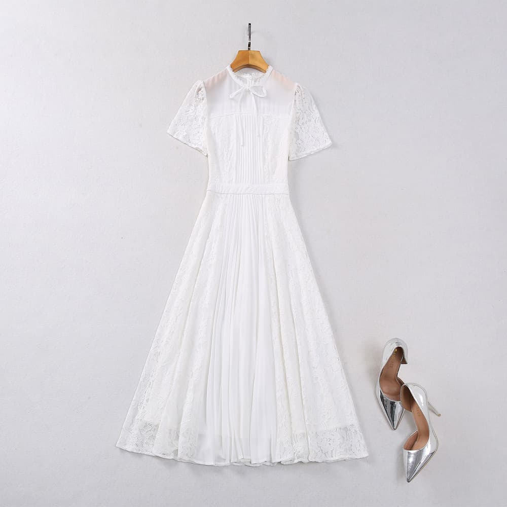 オケージョン ドレス レース調プリーツ ミディアム ワンピース