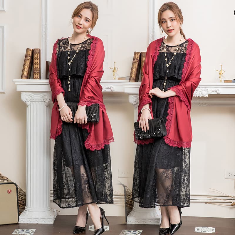 オケージョン ドレス 総レース仕立てケープ風ティアード袖ロング丈ワンピース