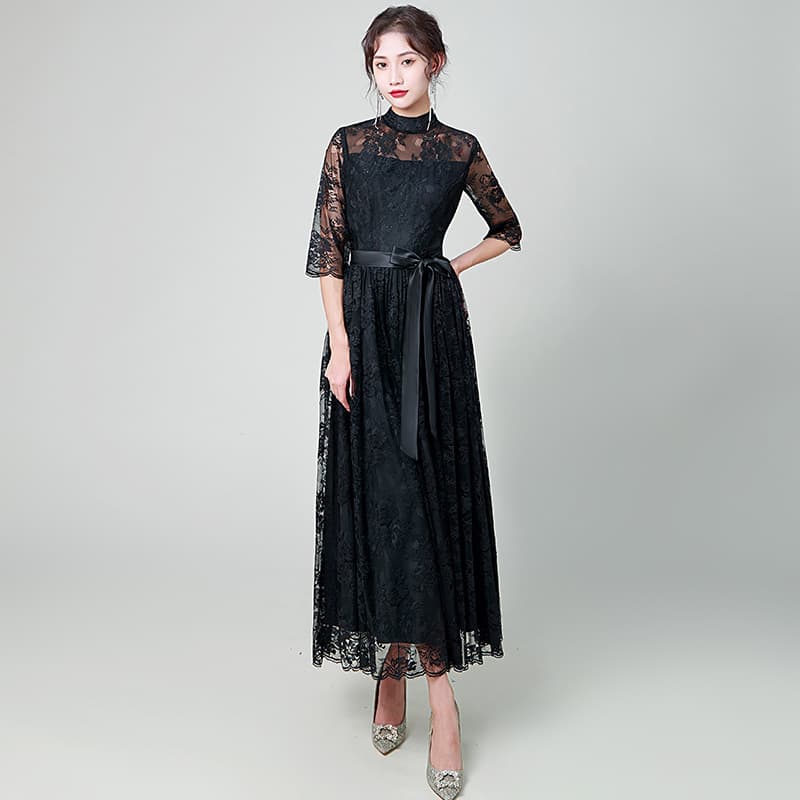 総レース七分袖ハイネックロング丈オケージョンドレス