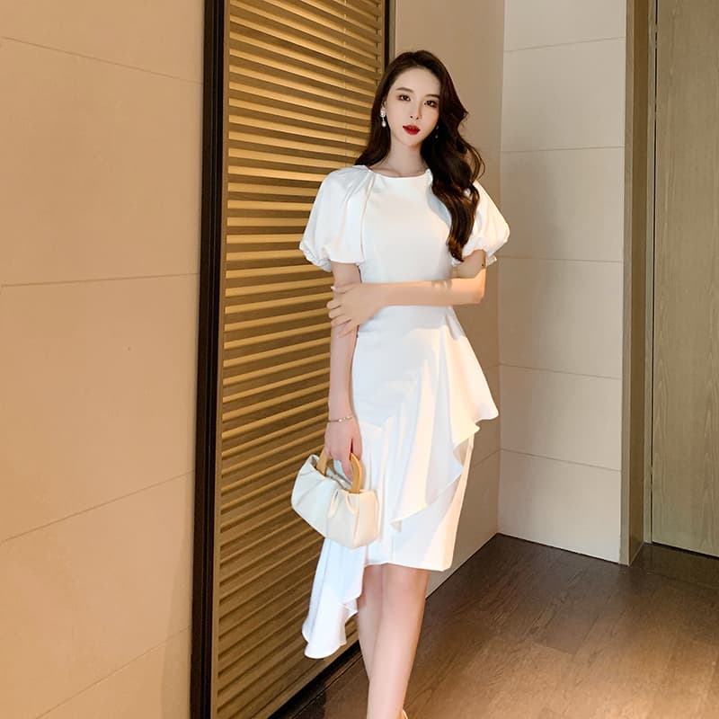 オケージョン ドレス パフスリーブアシンメトリーフリルマーメイドドレス