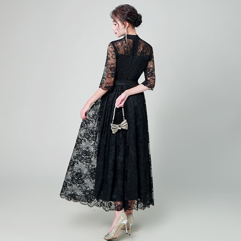 総レース七分袖ハイネックロング丈オケージョンドレス