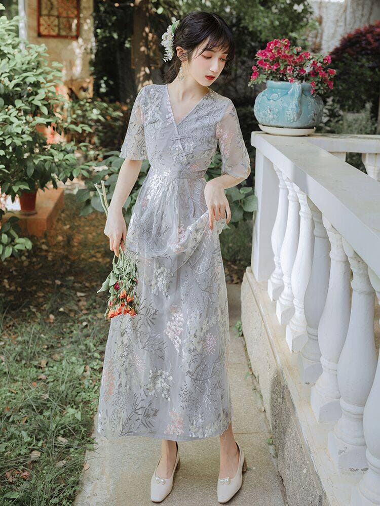 花柄刺繍レース袖ブイネックロング丈オケージョンドレス