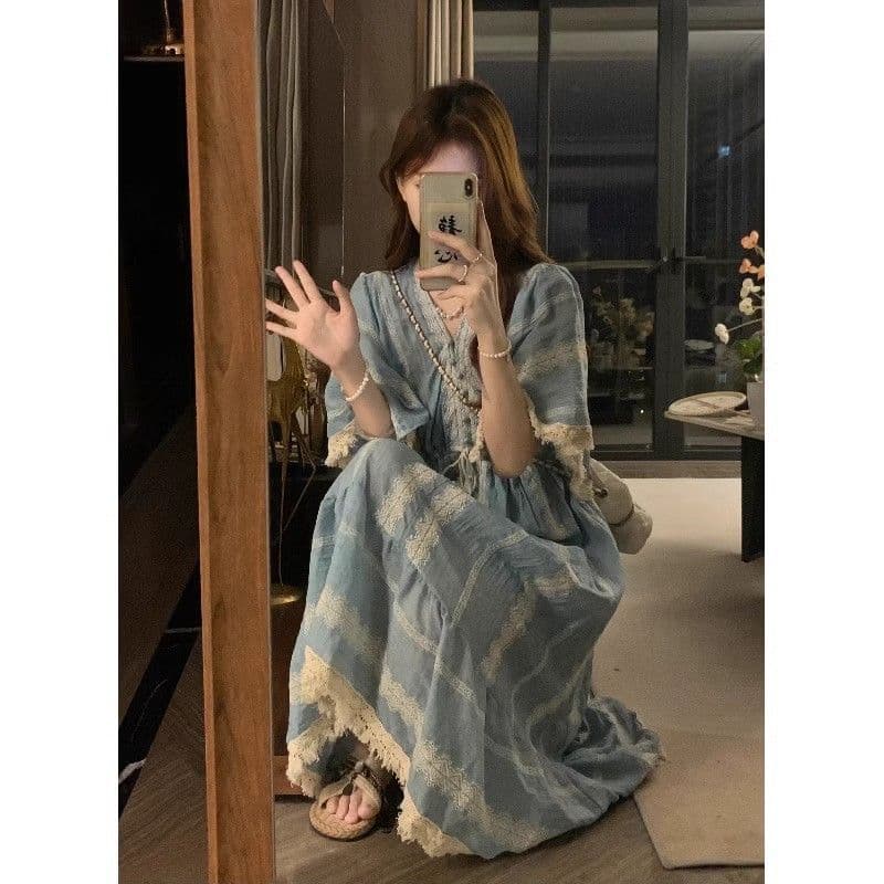 オケージョンワンピース 優美なシフォンレースミディ丈ワンピース