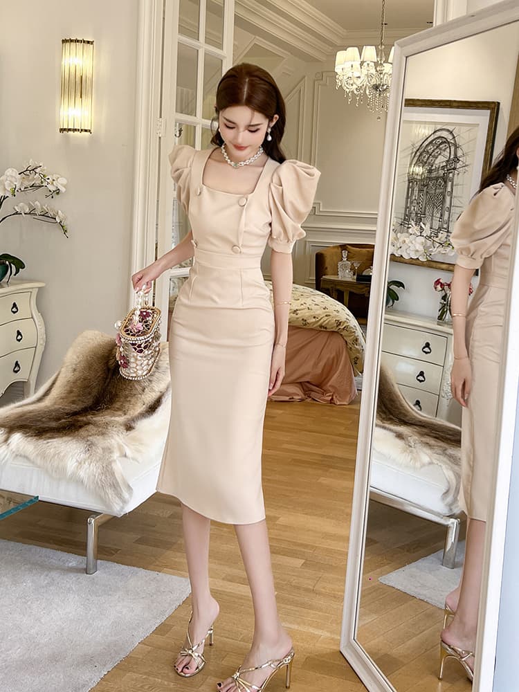 パフスリーブ スクエアネック ミディ丈オケージョンドレス