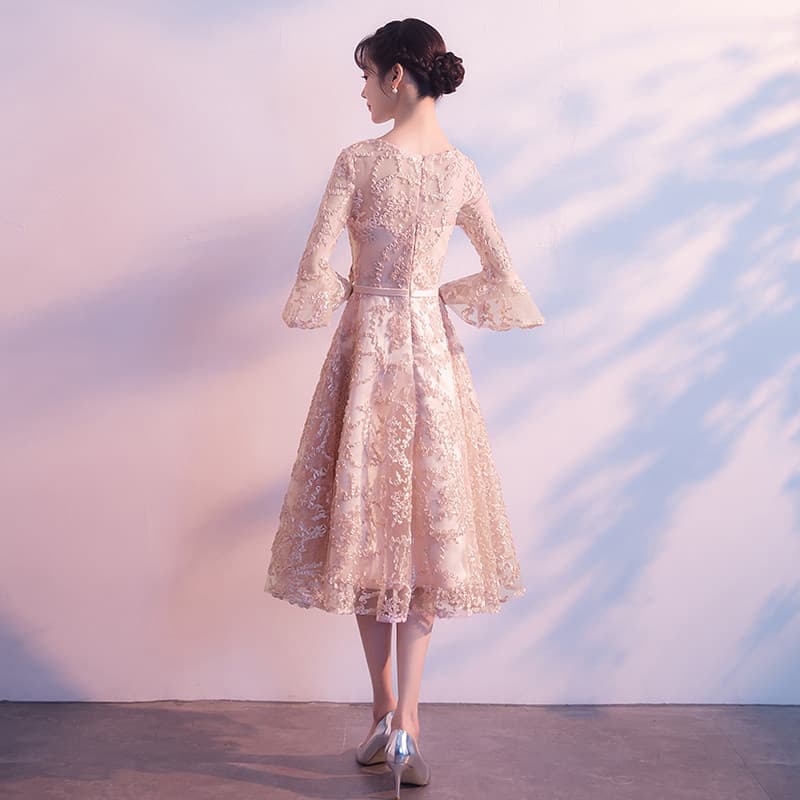 花柄刺繍レース七分袖膝丈オケージョンドレス