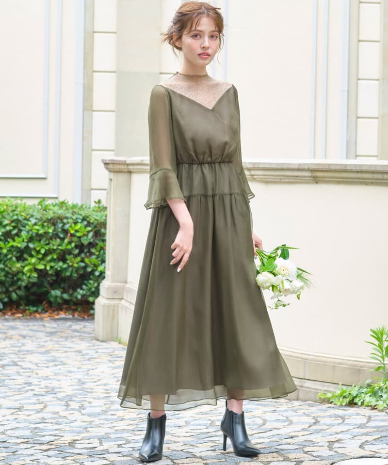 メッシュシアー素材の贅沢ドレープオケージョン ドレス 